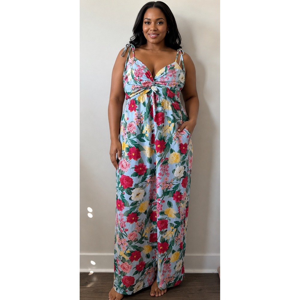 Old Navy Floral Wide Leg Jumpsuit Blue Pink Twist Front Tie Strap Womens Large